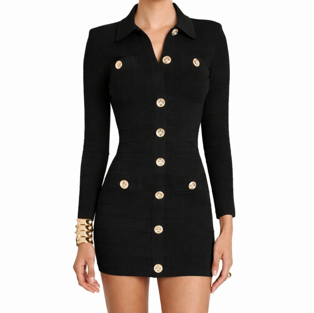 RETROFÊTE Bandage Dress Long Sleeve Gold Buttons Size Medium. NWT.